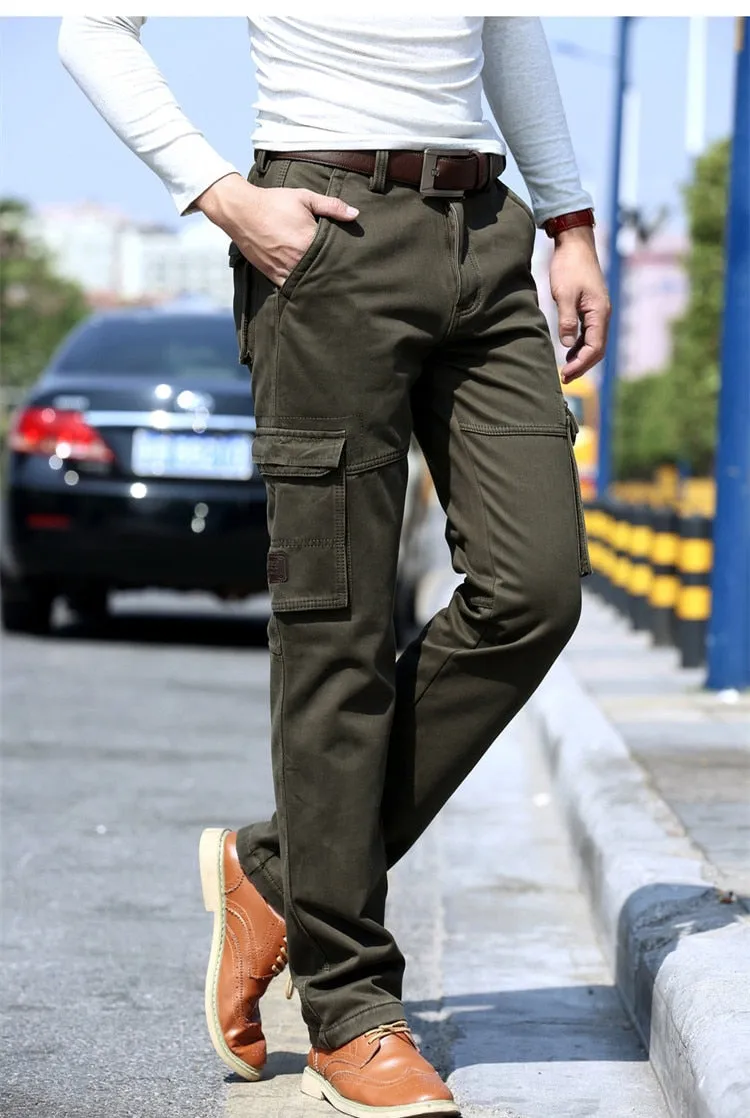 2021 Fleece Warm Winter Cargo Pants Men Casual Loose Multi-pocket Men's Clothes Military Army Green Khaki Pants Man Trousers