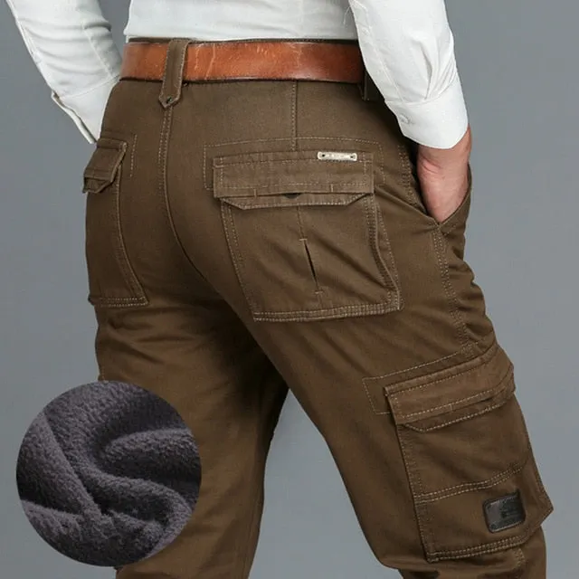 2021 Fleece Warm Winter Cargo Pants Men Casual Loose Multi-pocket Men's Clothes Military Army Green Khaki Pants Man Trousers