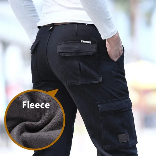 2021 Fleece Warm Winter Cargo Pants Men Casual Loose Multi-pocket Men's Clothes Military Army Green Khaki Pants Man Trousers