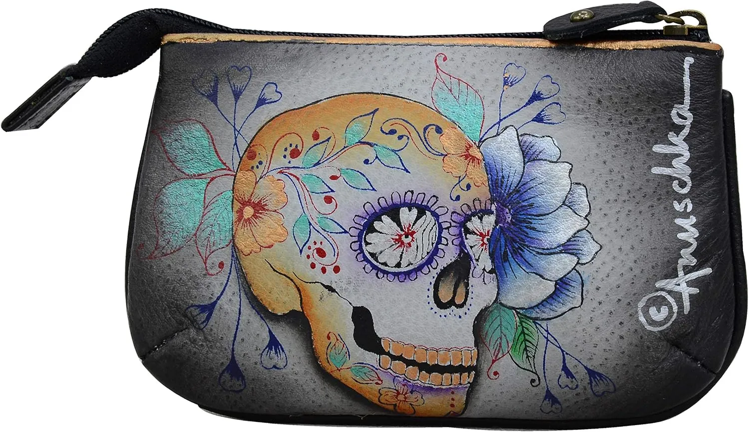 Anuschka Women’s Hand-Painted Genuine Leather Medium Zip Pouch - Coin and Key Pouch - Zippered, 2 Key Fobs