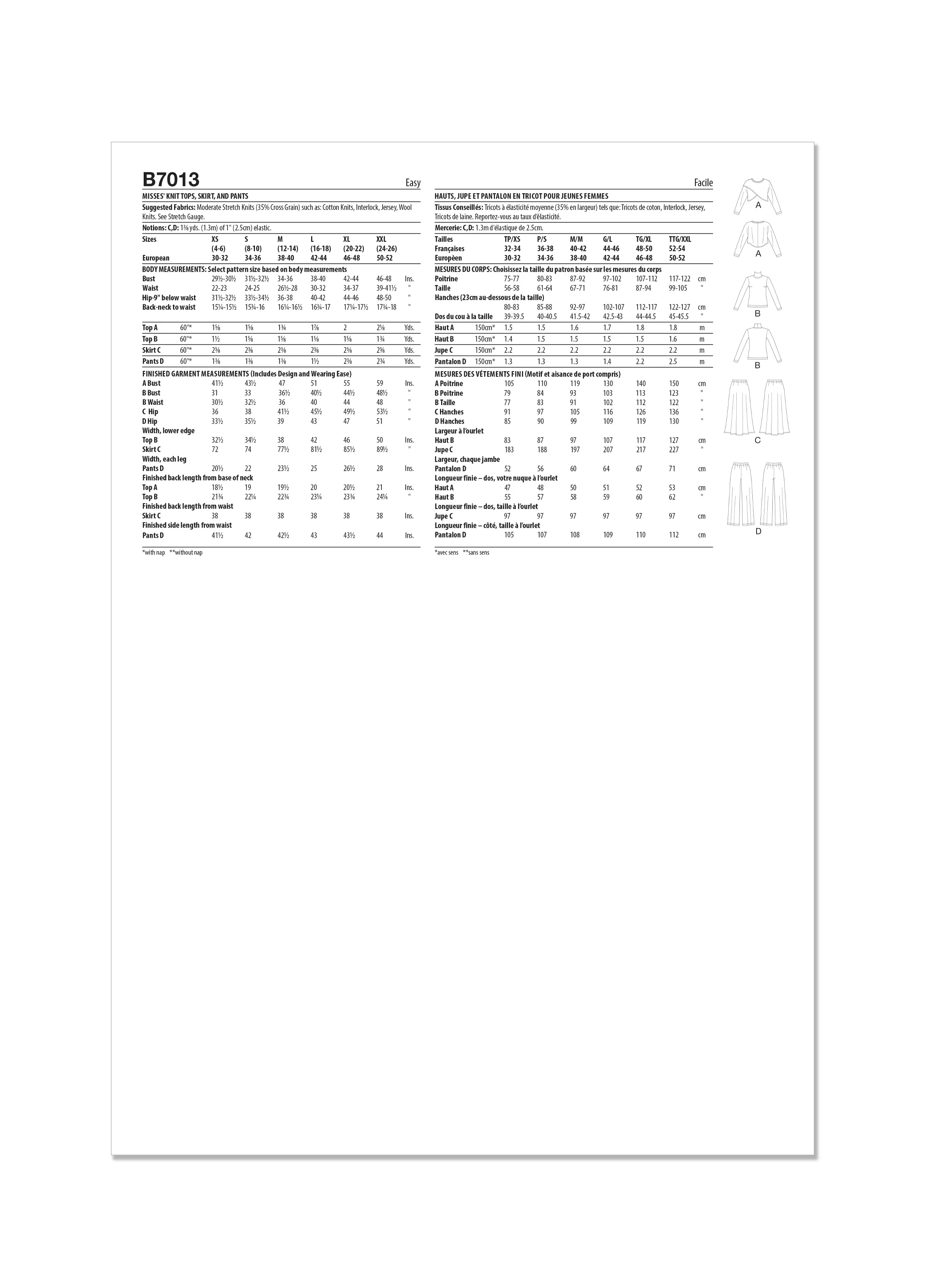 Butterick sewing pattern B7013 Misses' Knit Tops, Skirt, and Pants