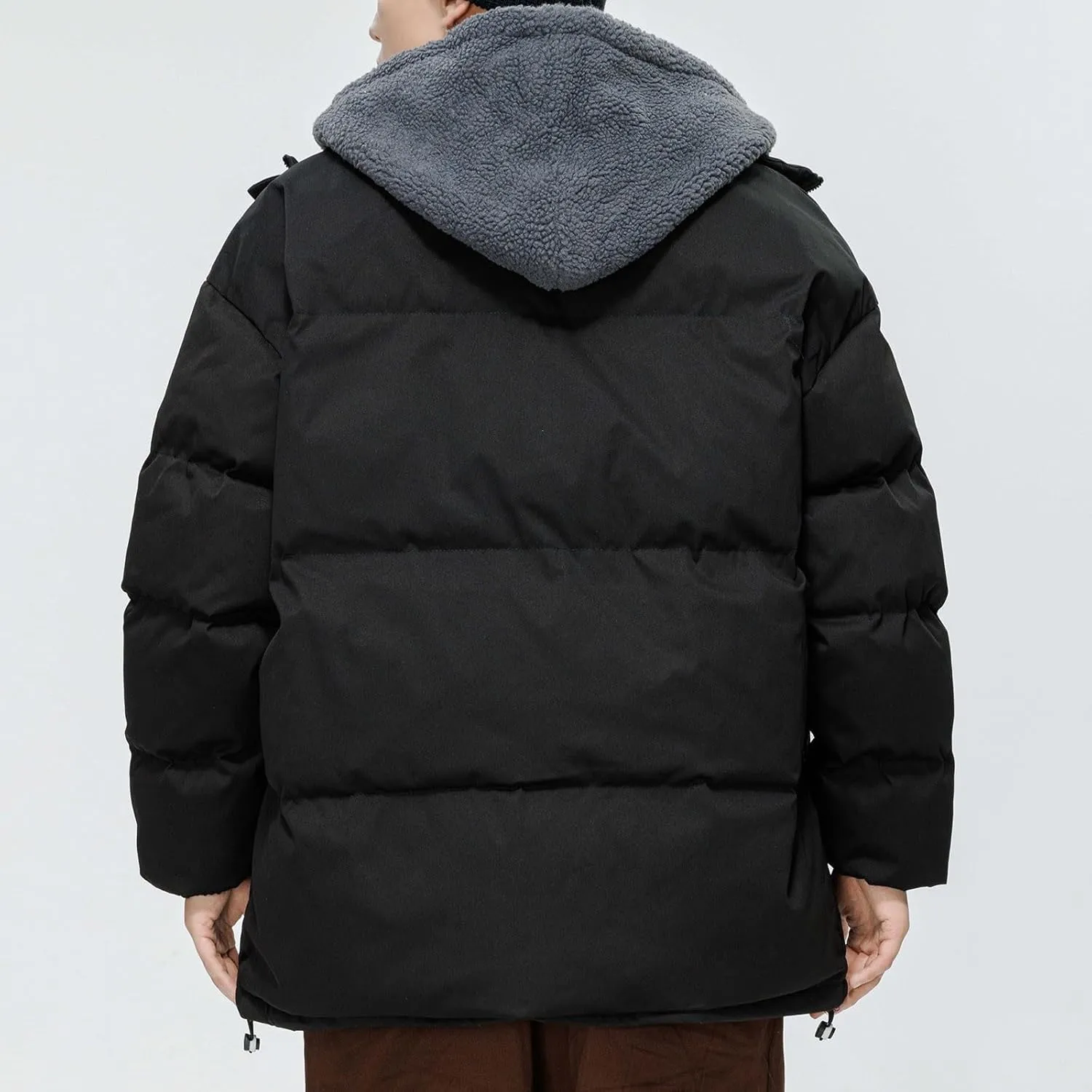Cambkatl Men's Winter Hooded Puffer Coat Thicken Sherpa Fleece Patchwork Down Puffer Jacket Windproof Insulated Outerwear