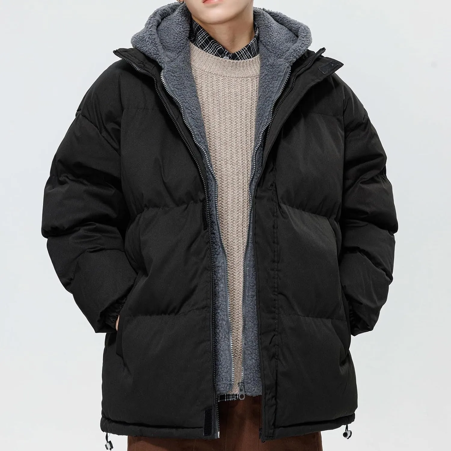 Cambkatl Men's Winter Hooded Puffer Coat Thicken Sherpa Fleece Patchwork Down Puffer Jacket Windproof Insulated Outerwear
