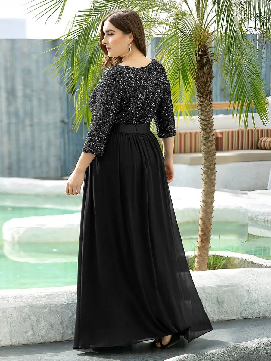 Edith | Elegant Round Neckline Long Sleeves Sequin Evening Dress