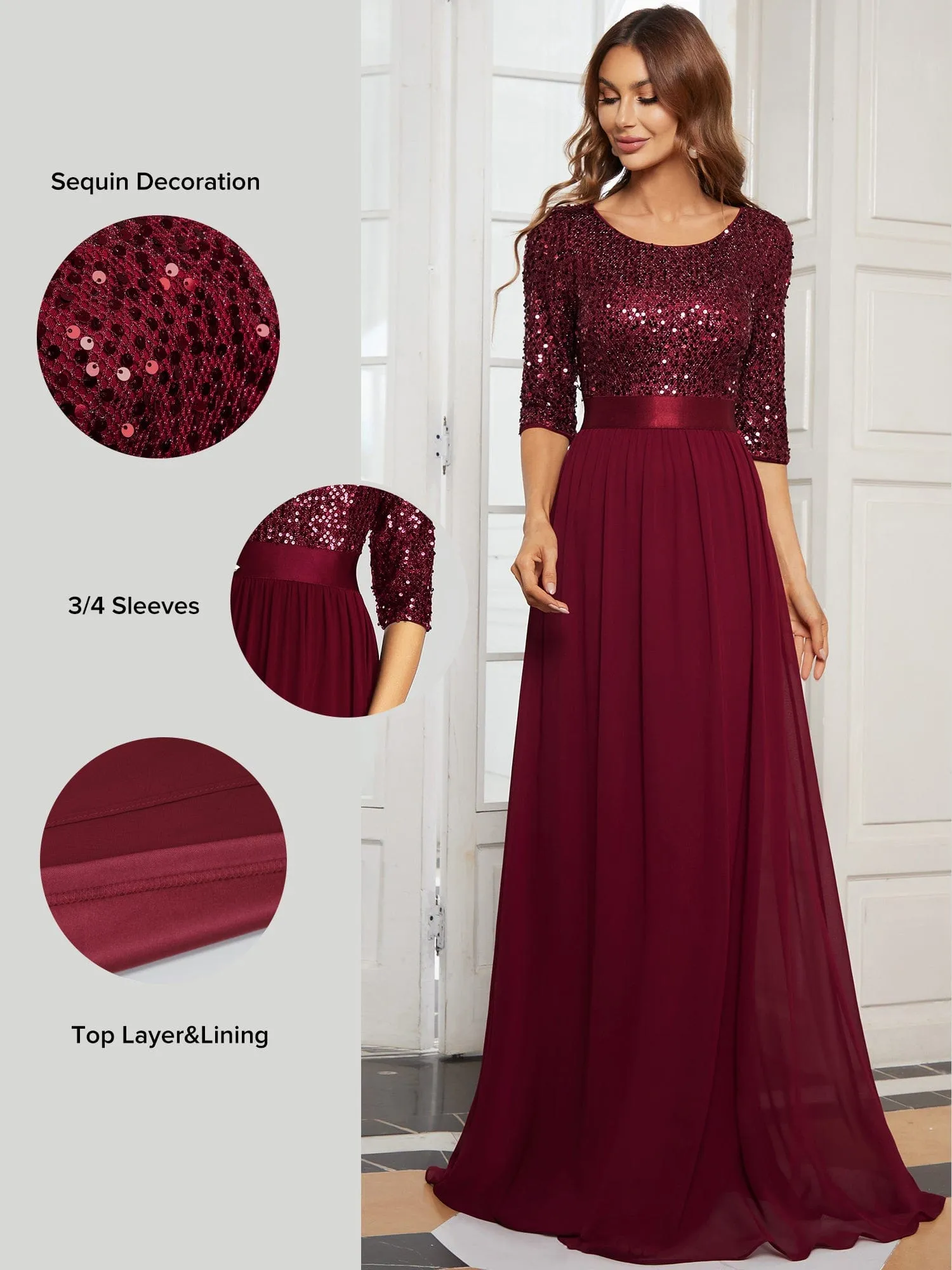 Edith | Elegant Round Neckline Long Sleeves Sequin Evening Dress