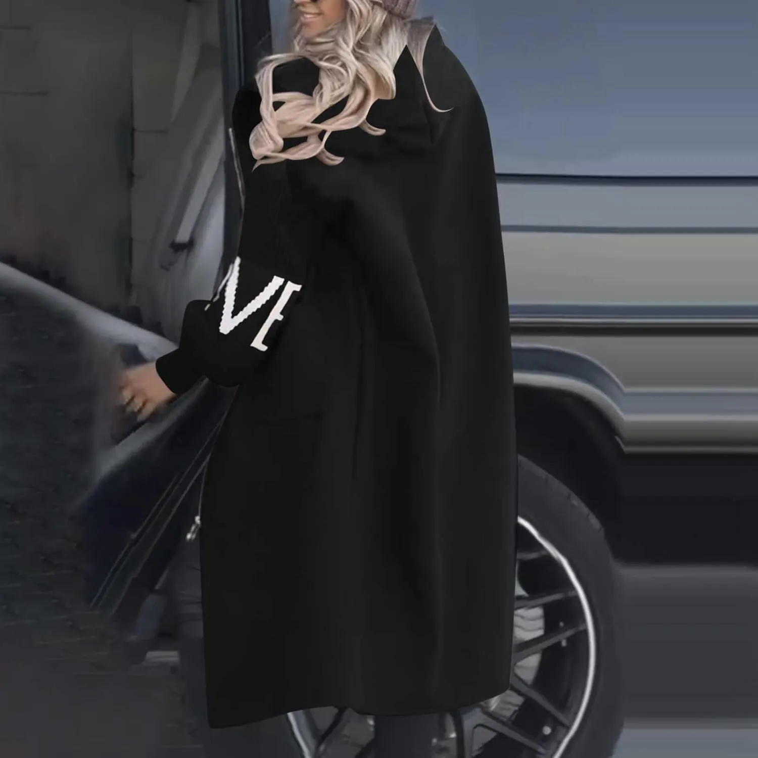 HGps8w Long Hoodies Jacket for Women Letter Knitted Patchwork Long Sleeve Casual Drawstring Waist Outerwear with Pockets