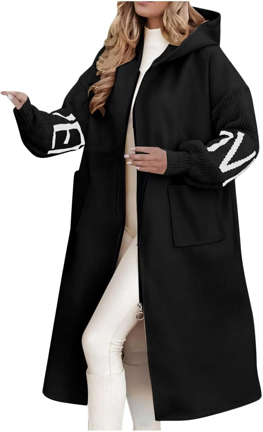 HGps8w Long Hoodies Jacket for Women Letter Knitted Patchwork Long Sleeve Casual Drawstring Waist Outerwear with Pockets