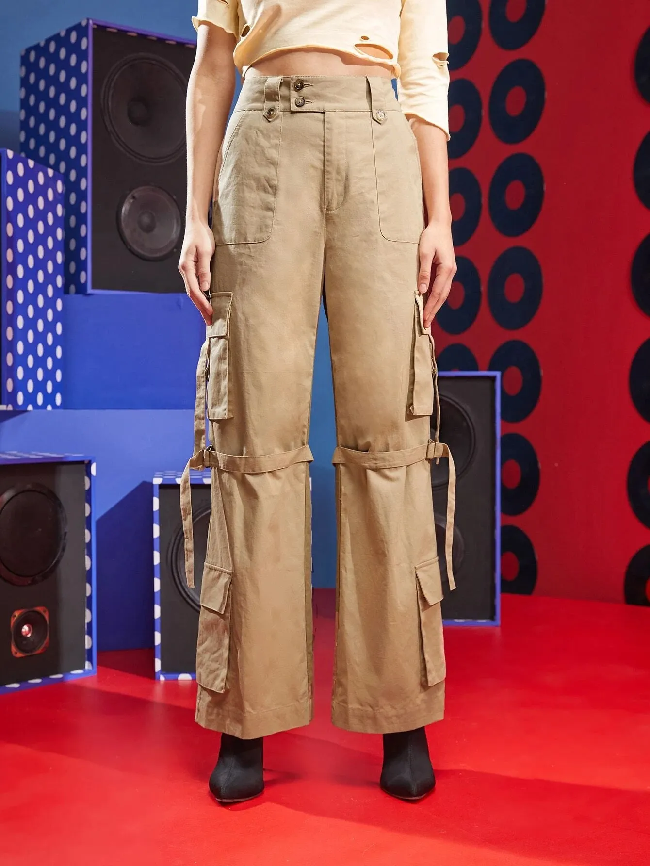 High Waist Buckle Strap Cargo Pant