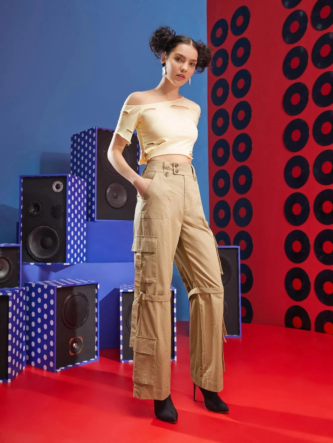 High Waist Buckle Strap Cargo Pant