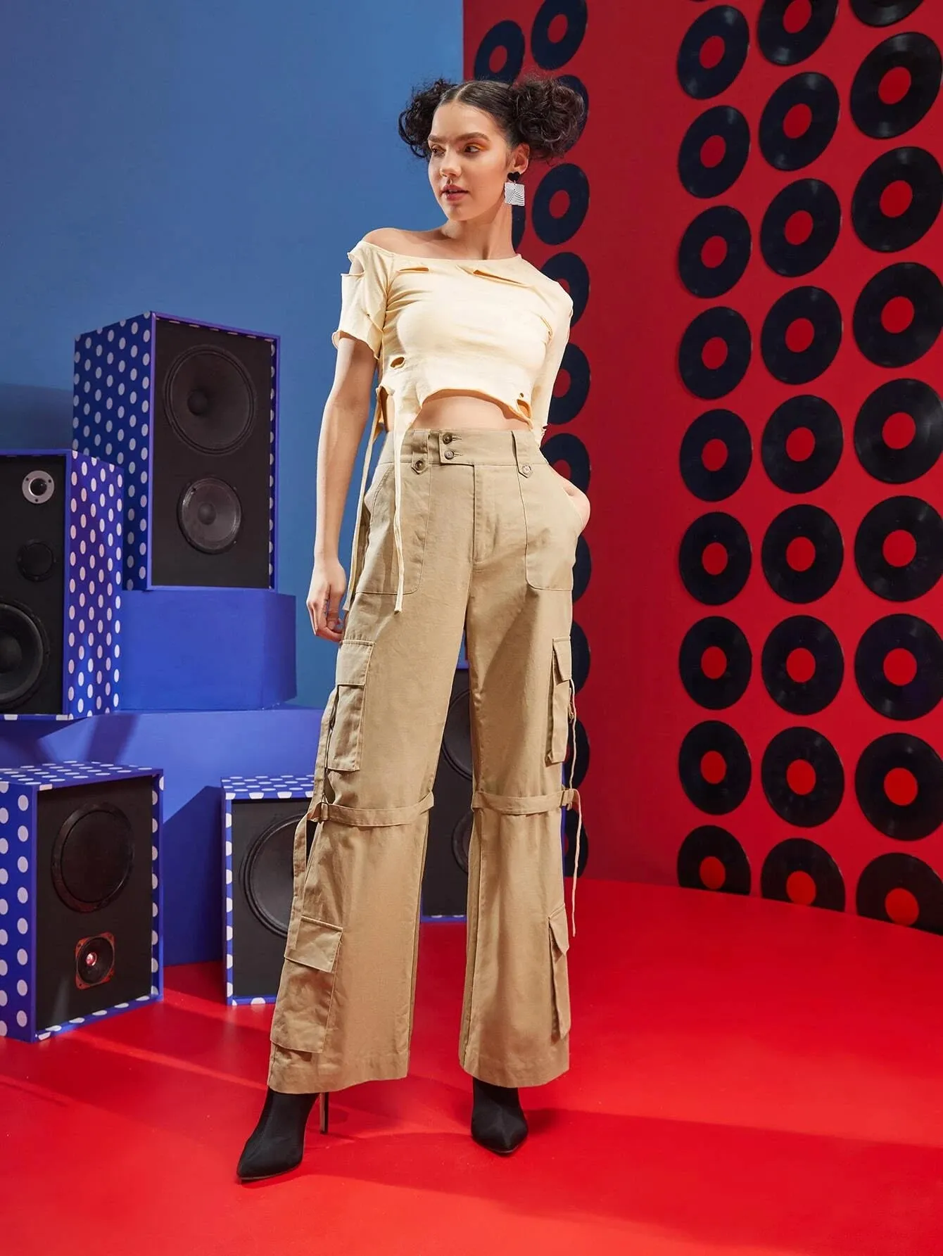 High Waist Buckle Strap Cargo Pant