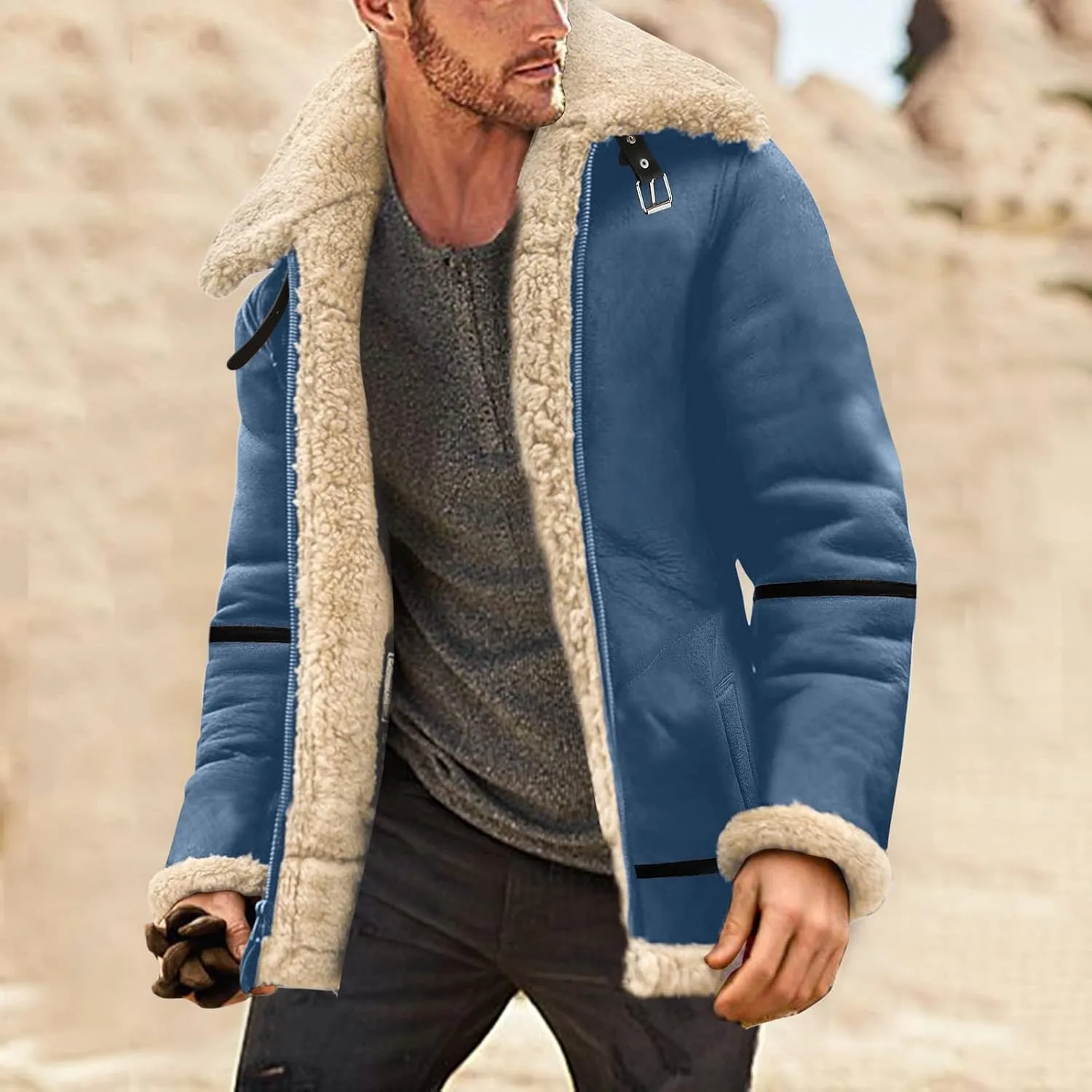 LCMTWX Men's Thick Thermal Winter Jacket Single-breasted Solid Color Lapel Long Sleeve Coat Cardigan Plush Mens Puffer