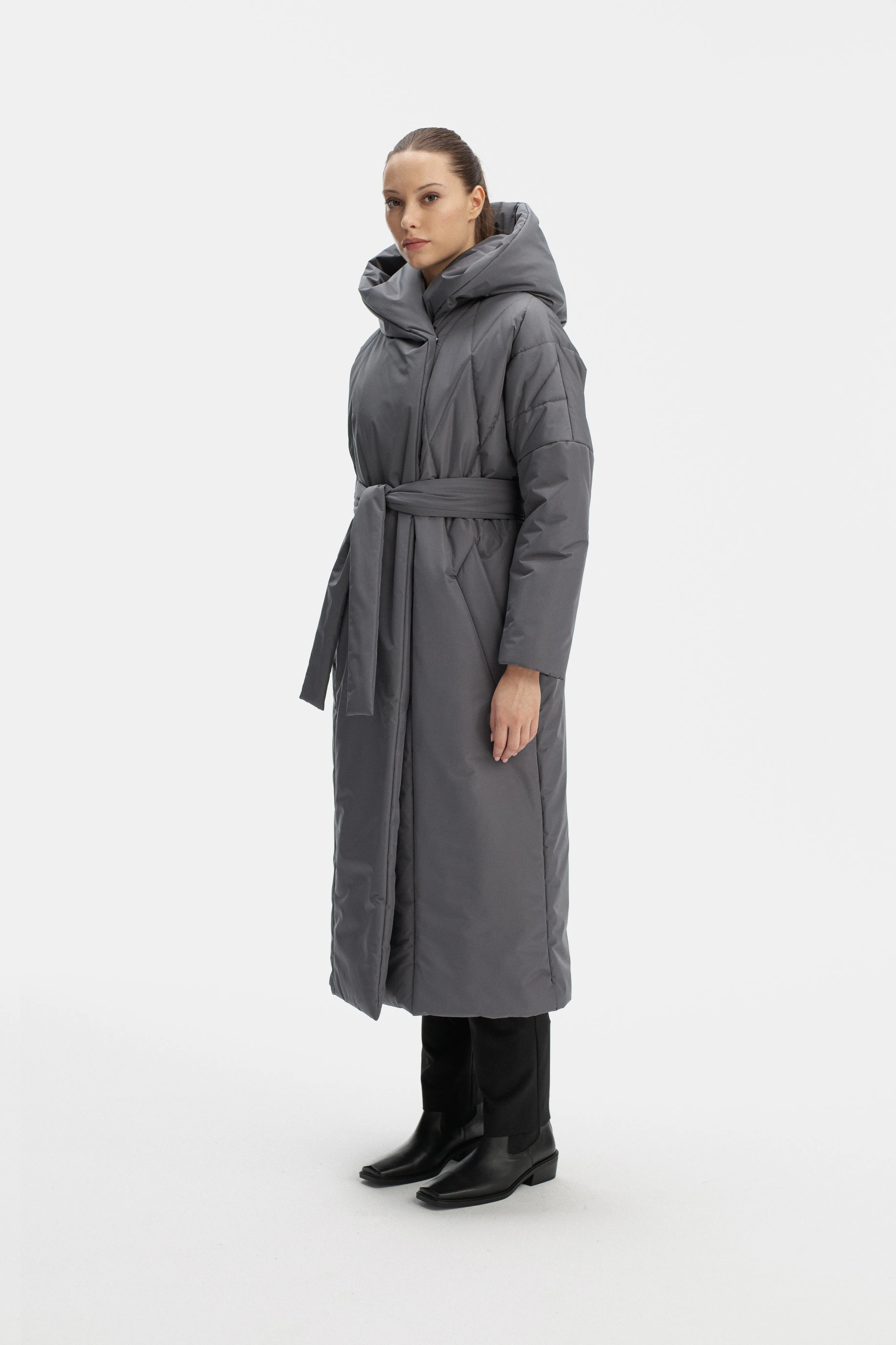 LONG PADDED COAT WITH HOOD IN GREY