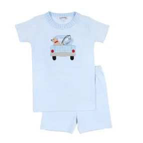 Magnolia Baby Boys Blue Fresh Caught Fishing Dog Applique Short Pajamas