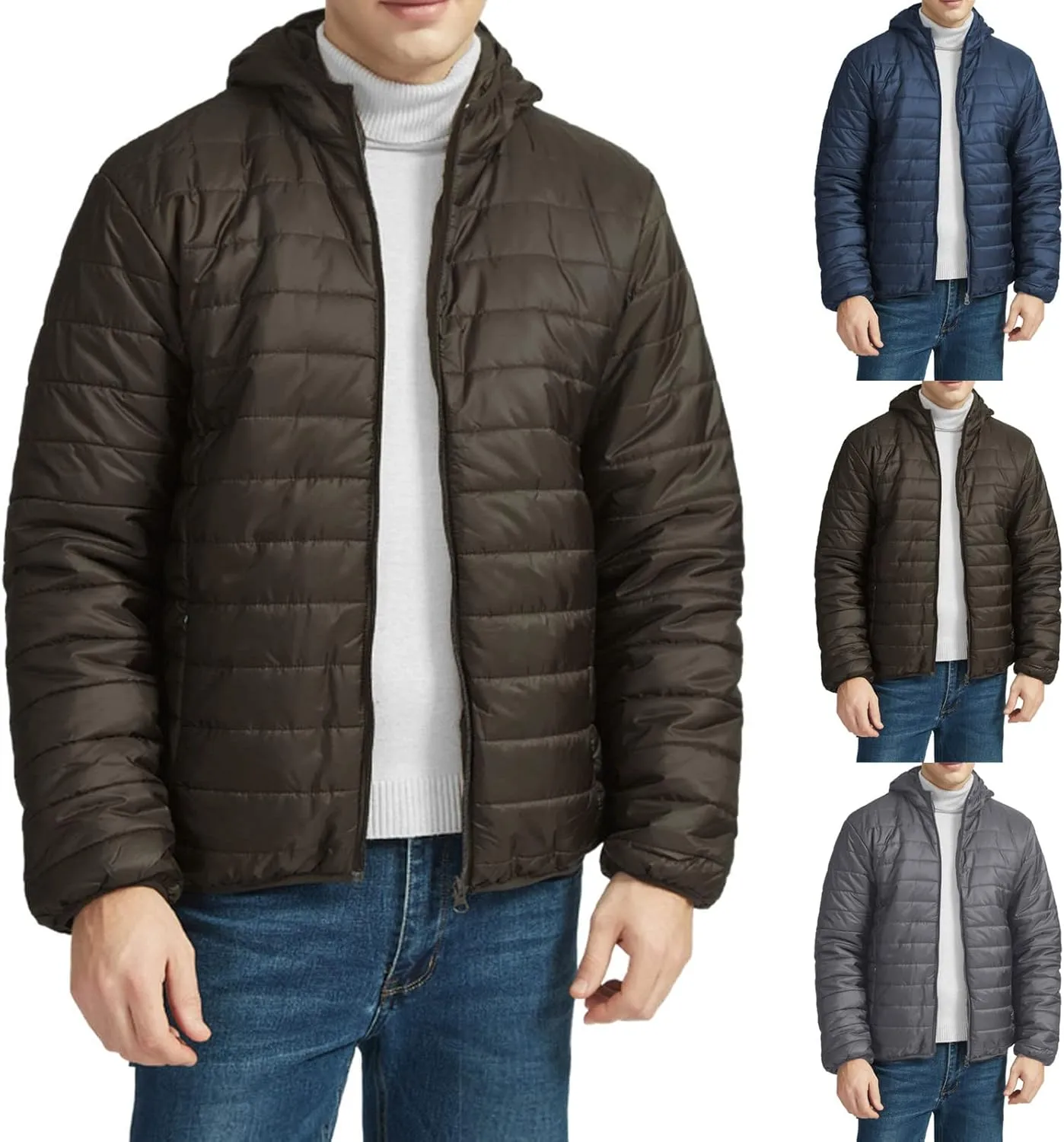 Men Puffer Jacket with Hood Ultra Lightweight Packable Quilted Hooded Bubble Down Jackets Winter Insulated Thick Outwear