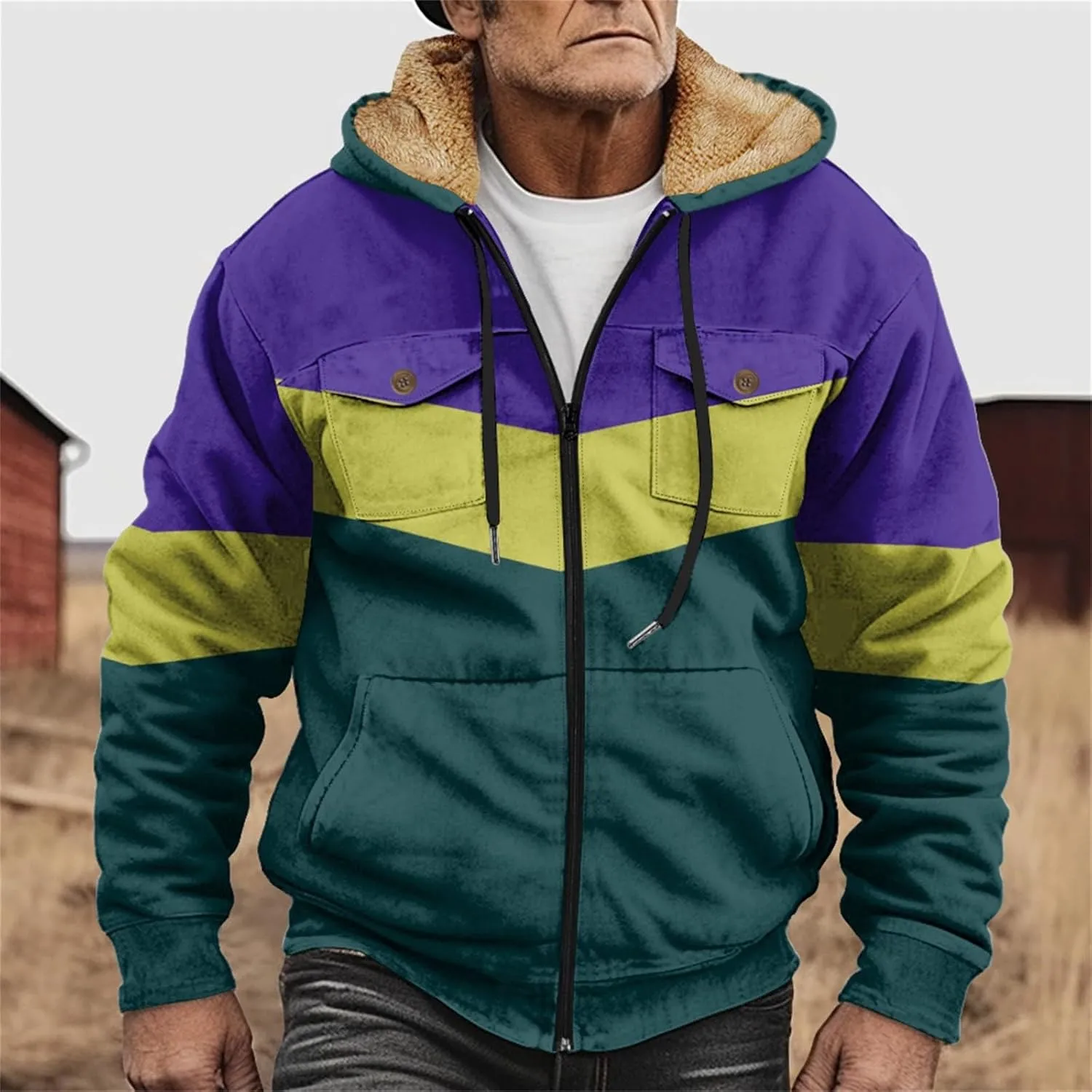 Men's Fleece Sweatshirts Jackets Plush Warm Fuzzy Winter Hoodies Workout Loose Fit Outdoor Thermal Cargo Sherpa Coats
