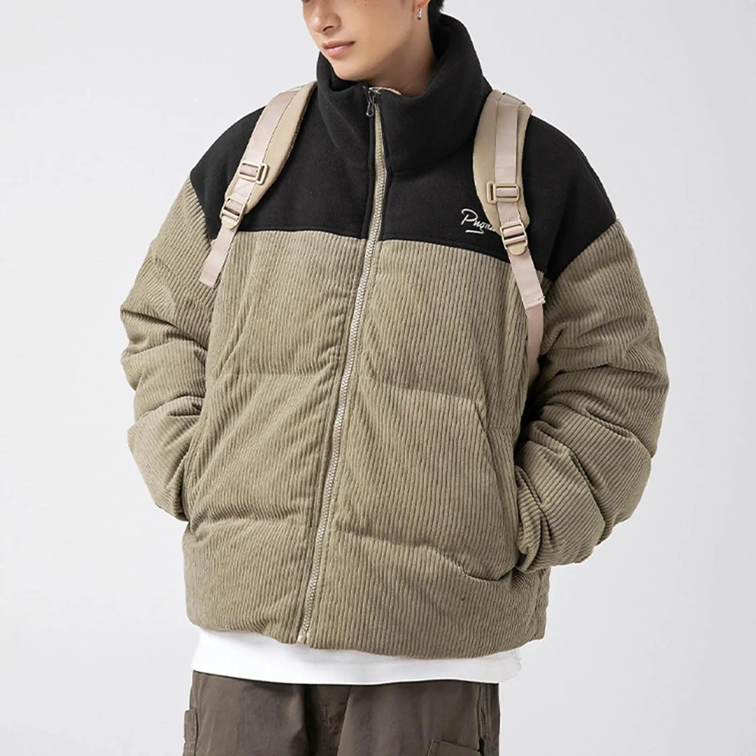 Mens Puffer Down Jackets Trendy Stand Collar Zipper Quilted Coats Winter Puffy Jacket Thermal Outerwear with Pockets