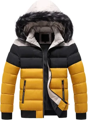 Mens Puffer Jacket with Removable Fur Hooded Bubble Coats with Pockets Lightweight Padded Jackets Patchwork Jacket