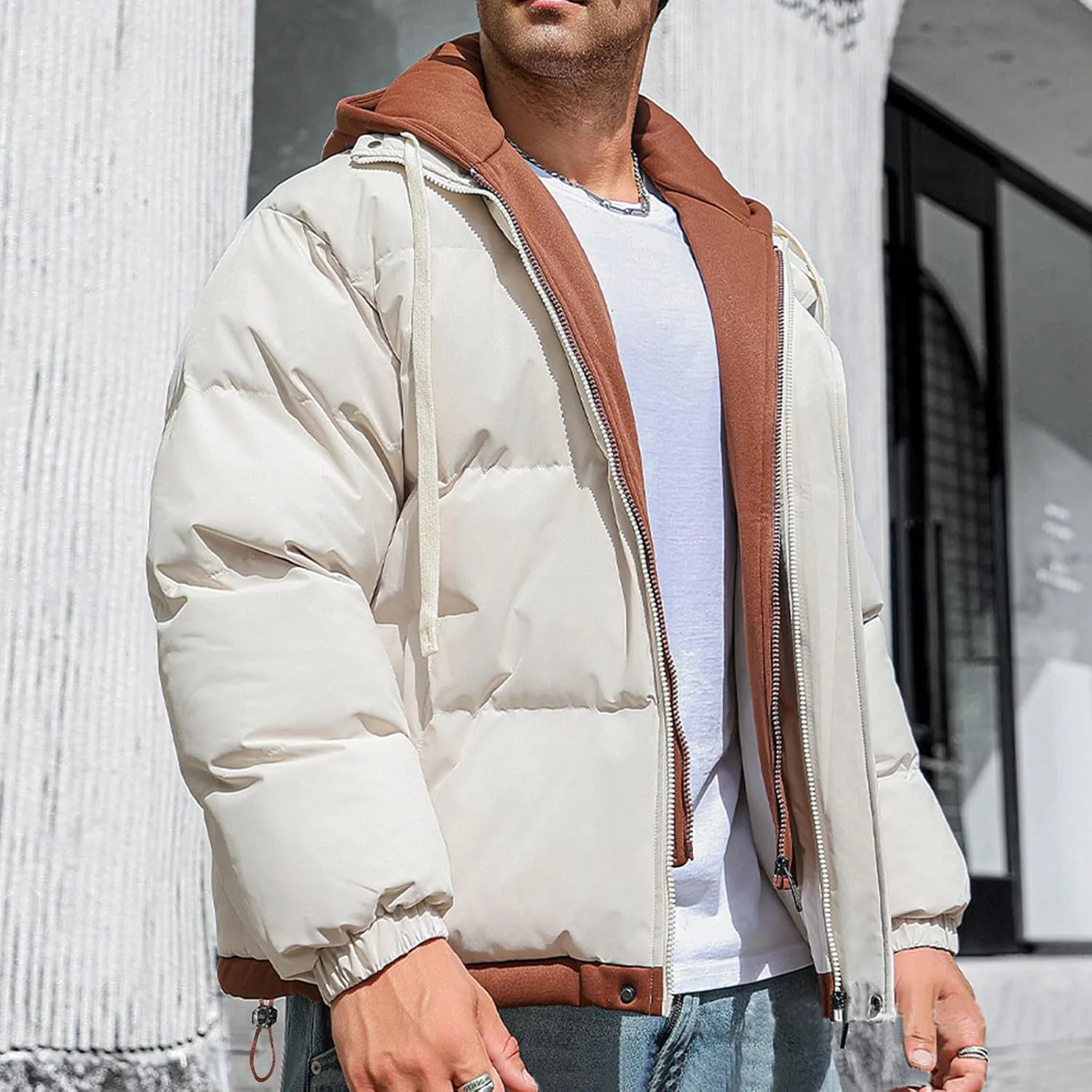 Mens Puffer Jacket Zip up Padded Coat Hooded down Coat Quilted Insulated Jacket Windproof Winter Jacket Thermal Outwear