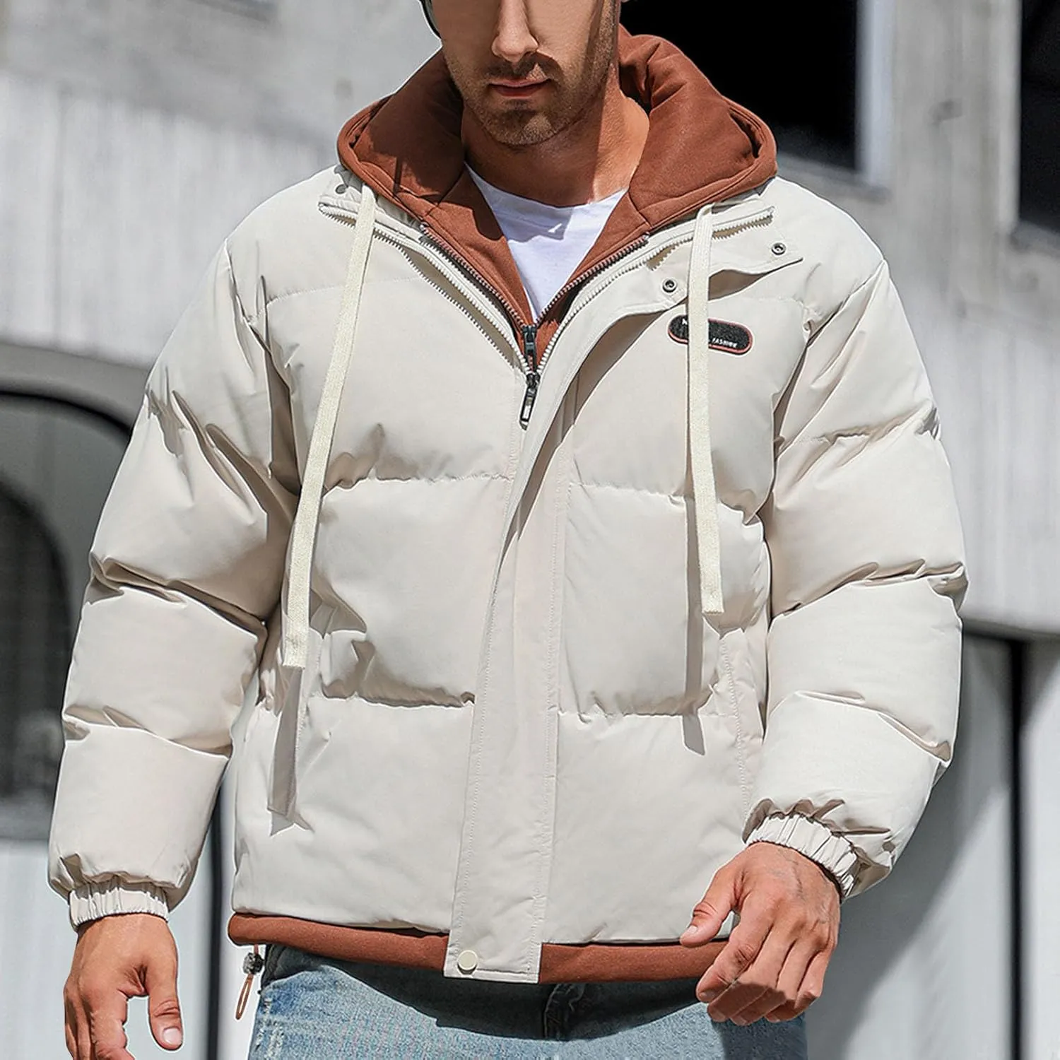 Mens Puffer Jacket Zip up Padded Coat Hooded down Coat Quilted Insulated Jacket Windproof Winter Jacket Thermal Outwear