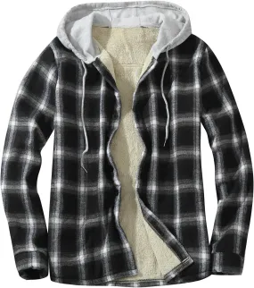 Mens Sherpa Fleece Lined Plaid Hoodie Jackets Long Sleeve Button Down Coat Slim Fit Fannel Jacket Patchwork Jackets