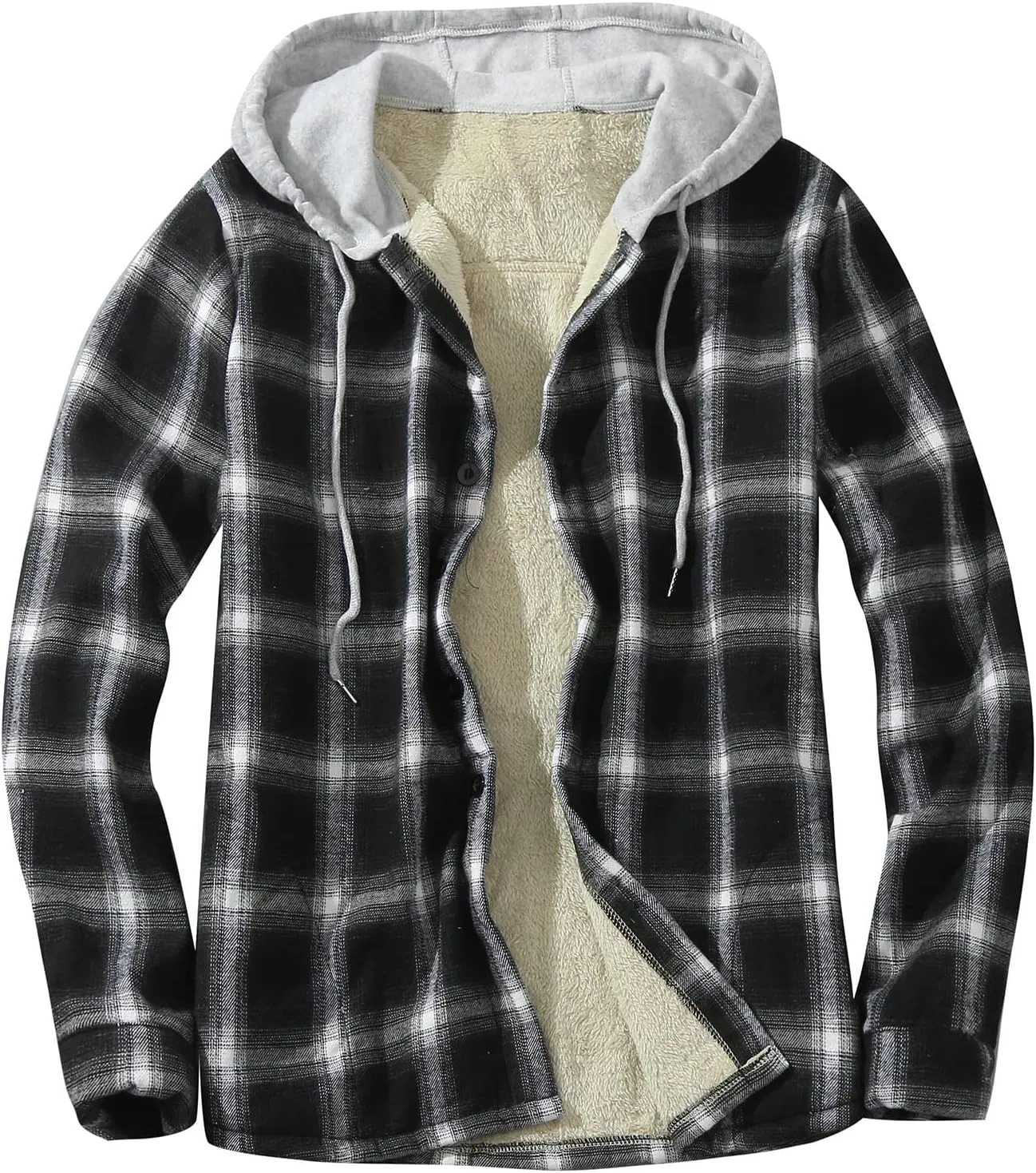Mens Sherpa Fleece Lined Plaid Hoodie Jackets Long Sleeve Button Down Coat Slim Fit Fannel Jacket Patchwork Jackets