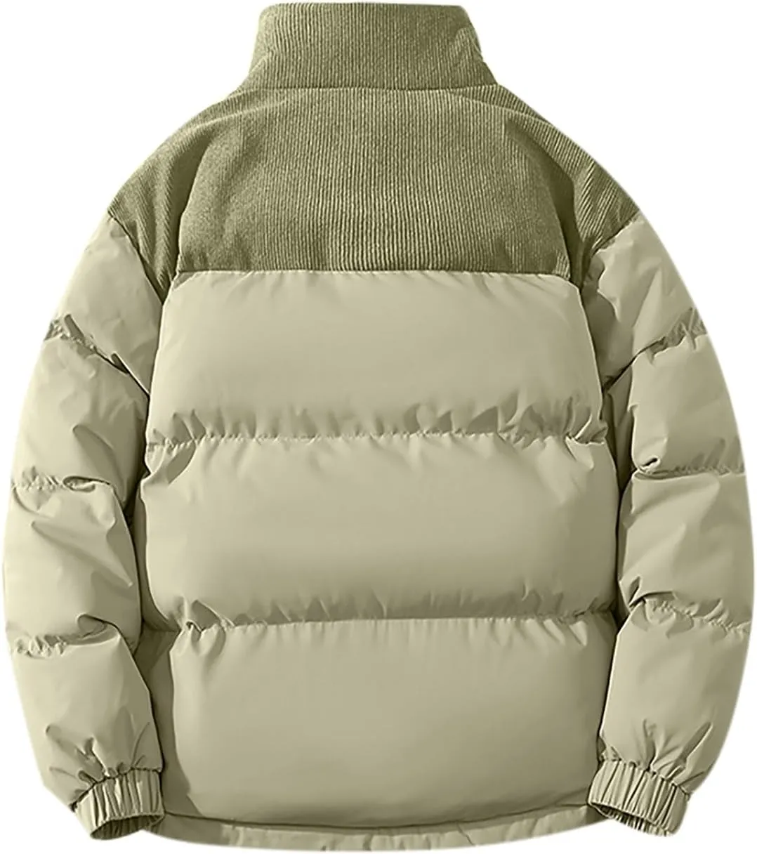 Mens Winter Bomber Jacket Warm Plus Size Puffer Jacket Corduroy Patchwork Coat Windproof Zipper Outwear Down Jacket