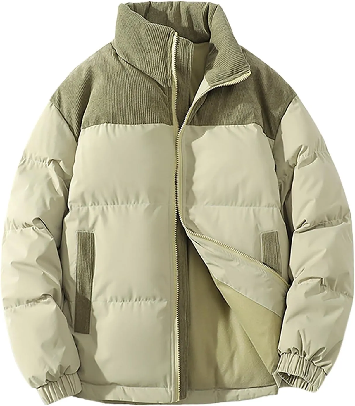 Mens Winter Bomber Jacket Warm Plus Size Puffer Jacket Corduroy Patchwork Coat Windproof Zipper Outwear Down Jacket