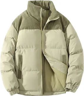 Mens Winter Bomber Jacket Warm Plus Size Puffer Jacket Corduroy Patchwork Coat Windproof Zipper Outwear Down Jacket