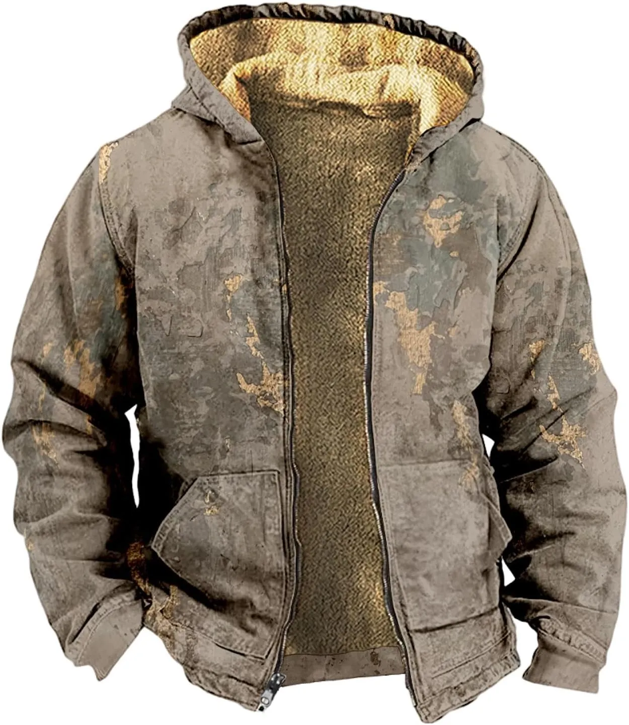 Mens Winter Coat With Hood Fleece Zip Up Coat Thermal Heavy Windbreaker Casual Vintage Oversized Jacket