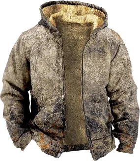 Mens Winter Coat With Hood Fleece Zip Up Coat Thermal Heavy Windbreaker Casual Vintage Oversized Jacket