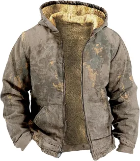 Mens Winter Coat With Hood Fleece Zip Up Coat Thermal Heavy Windbreaker Casual Vintage Oversized Jacket
