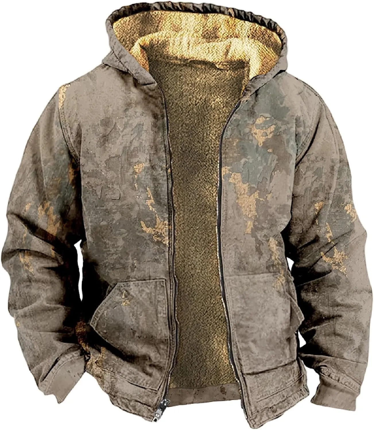 Mens Winter Coat With Hood Fleece Zip Up Coat Thermal Heavy Windbreaker Casual Vintage Oversized Jacket