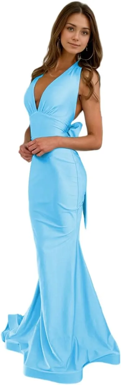 Mermaid V Neck Satin Prom Dresses with Bow Back 2025 Long Formal Evening Gowns LU124