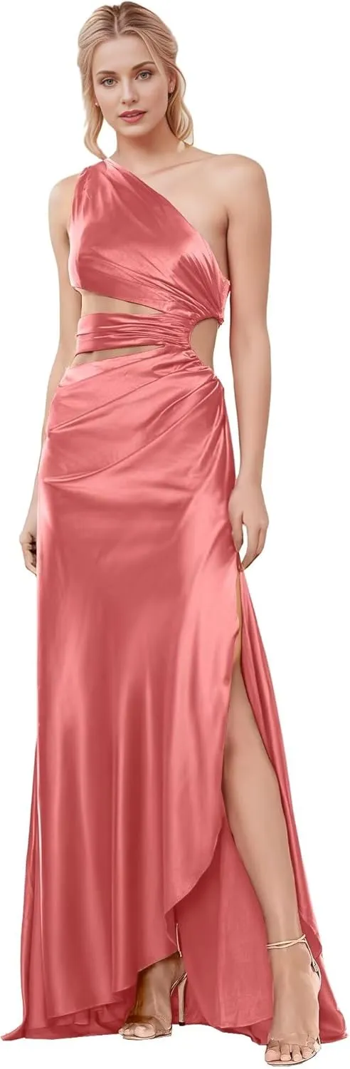 One Shoulder Satin Bridesmaid Dresses Long Ruffle Keyhole Open Waist Prom Wedding Party Gowns with Slit DR0574