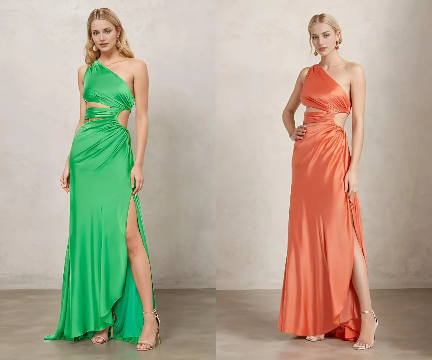 One Shoulder Satin Bridesmaid Dresses Long Ruffle Keyhole Open Waist Prom Wedding Party Gowns with Slit DR0574