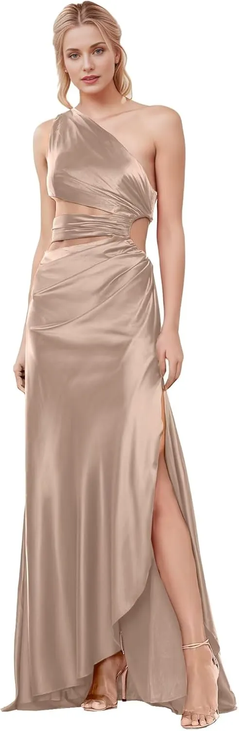 One Shoulder Satin Bridesmaid Dresses Long Ruffle Keyhole Open Waist Prom Wedding Party Gowns with Slit DR0574