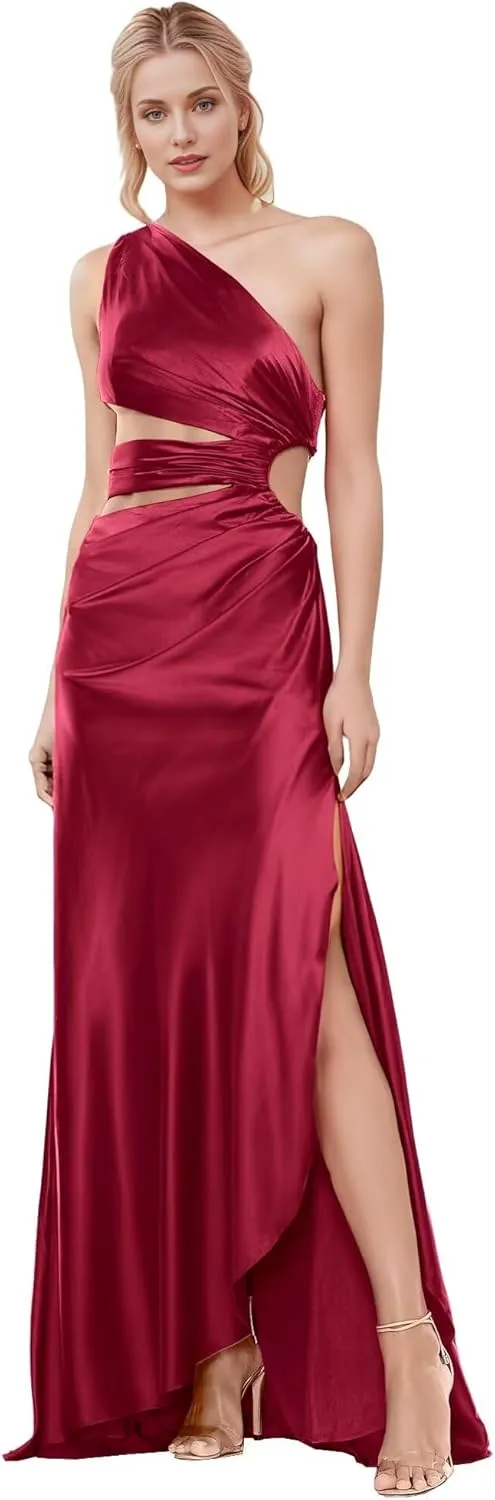 One Shoulder Satin Bridesmaid Dresses Long Ruffle Keyhole Open Waist Prom Wedding Party Gowns with Slit DR0574