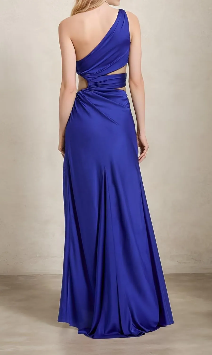 One Shoulder Satin Bridesmaid Dresses Long Ruffle Keyhole Open Waist Prom Wedding Party Gowns with Slit DR0574