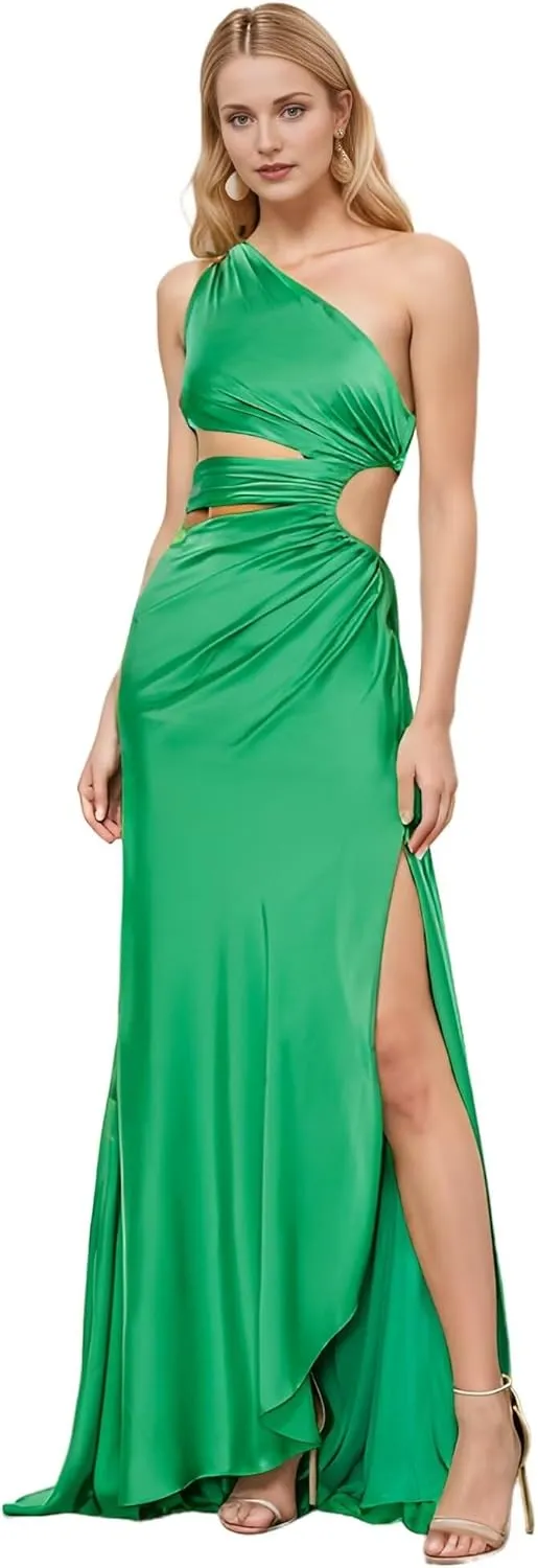 One Shoulder Satin Bridesmaid Dresses Long Ruffle Keyhole Open Waist Prom Wedding Party Gowns with Slit DR0574