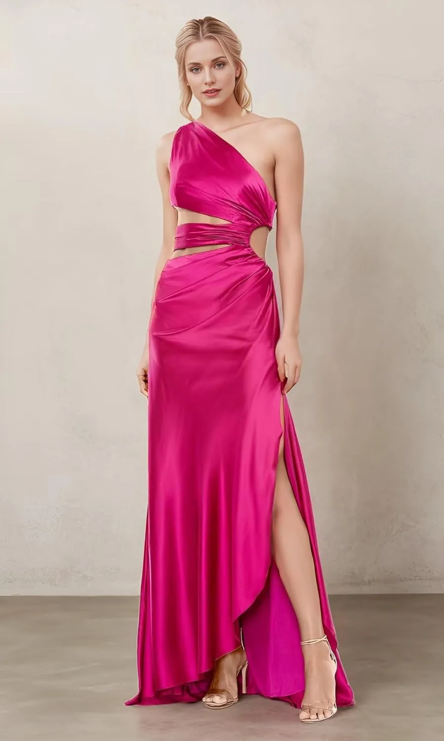 One Shoulder Satin Bridesmaid Dresses Long Ruffle Keyhole Open Waist Prom Wedding Party Gowns with Slit DR0574