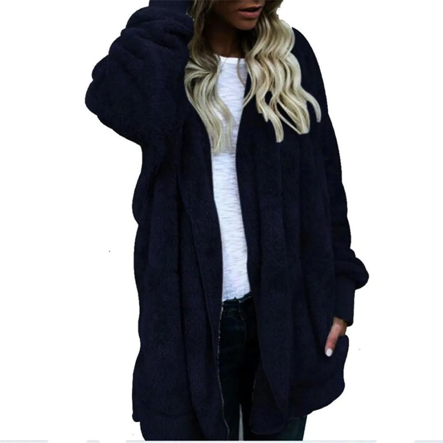 PETYCZEN Womens Fleece Jacket Winter Fuzzy Sherpa Lined Open Front Long Cardigan Coats Thermal Hooded Jackets with Pockets