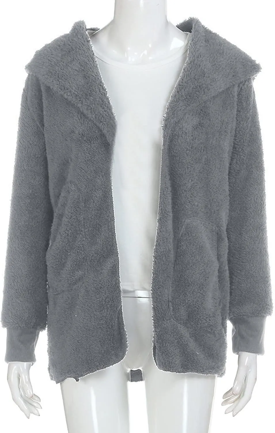 PETYCZEN Womens Fleece Jacket Winter Fuzzy Sherpa Lined Open Front Long Cardigan Coats Thermal Hooded Jackets with Pockets