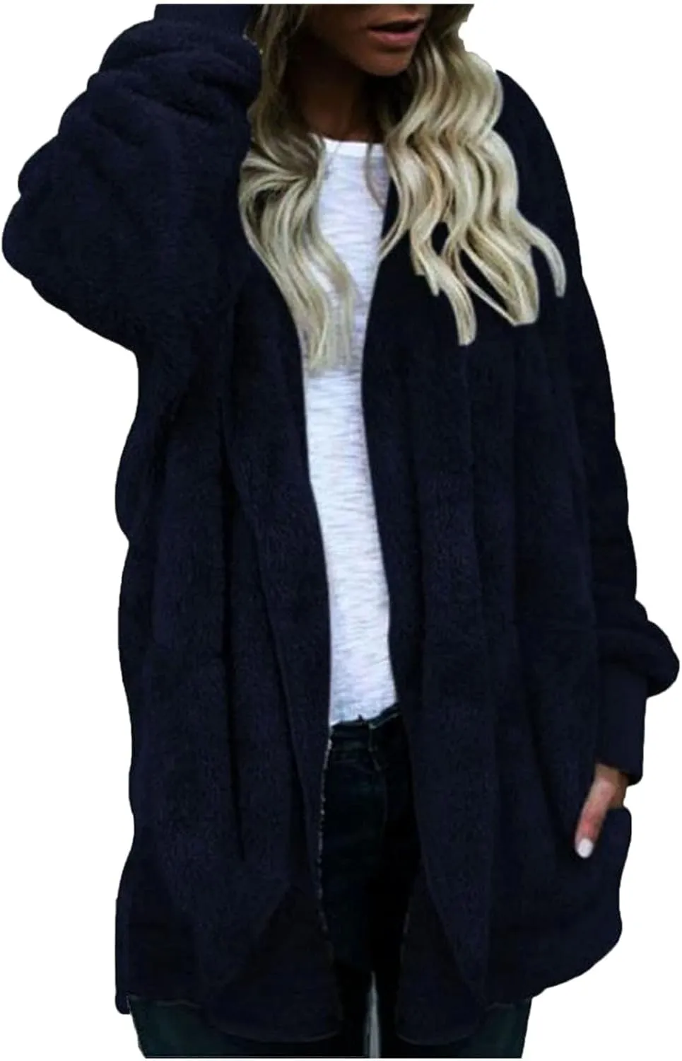 PETYCZEN Womens Fleece Jacket Winter Fuzzy Sherpa Lined Open Front Long Cardigan Coats Thermal Hooded Jackets with Pockets