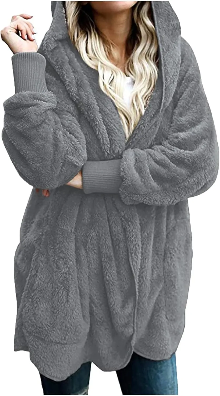 PETYCZEN Womens Fleece Jacket Winter Fuzzy Sherpa Lined Open Front Long Cardigan Coats Thermal Hooded Jackets with Pockets