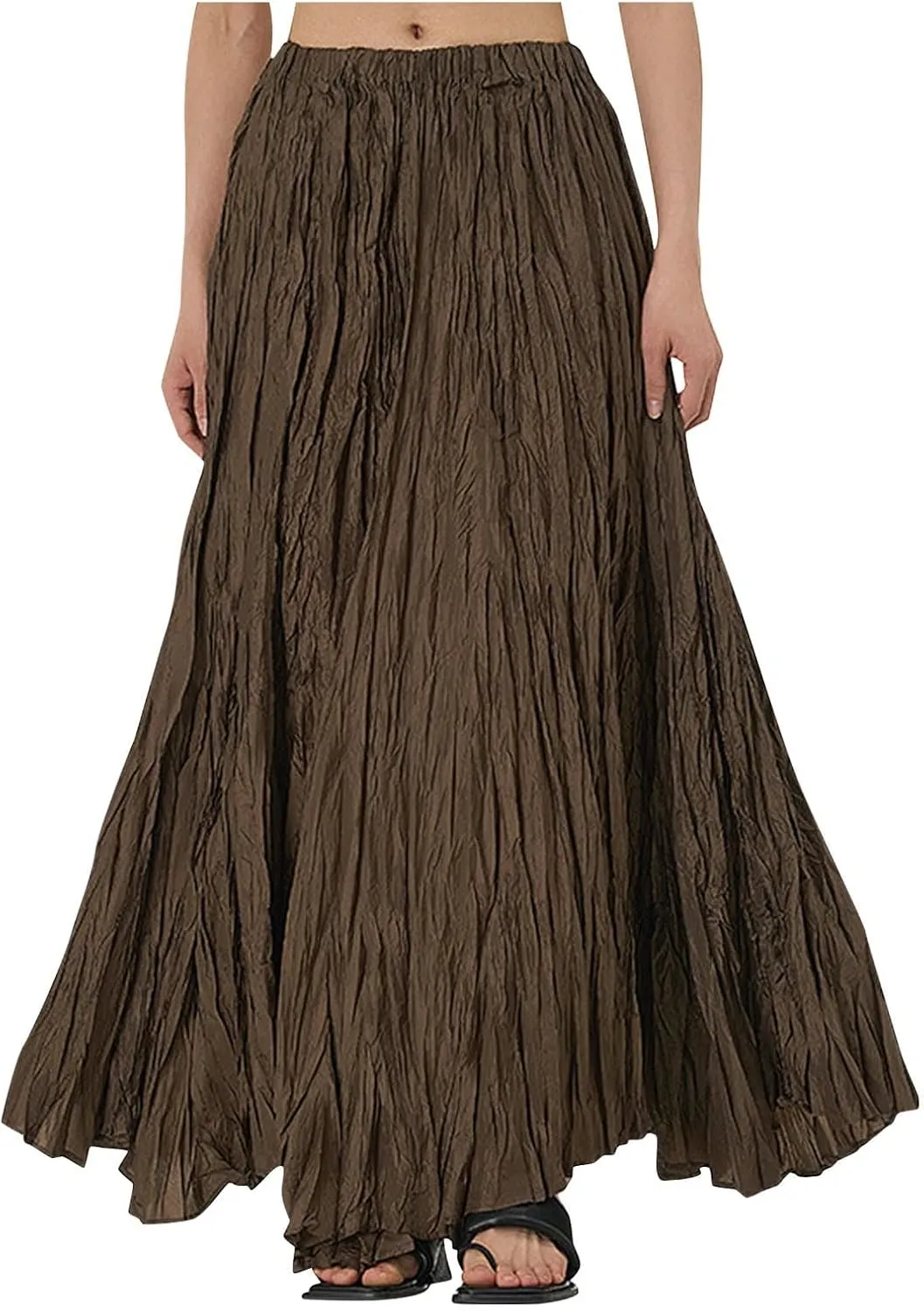 Skirts for Women Trendy Summer Pleated Wrinkle Boho Elastic High Waist Flowy Swing Maxi Long Skirt Holiday Outfit