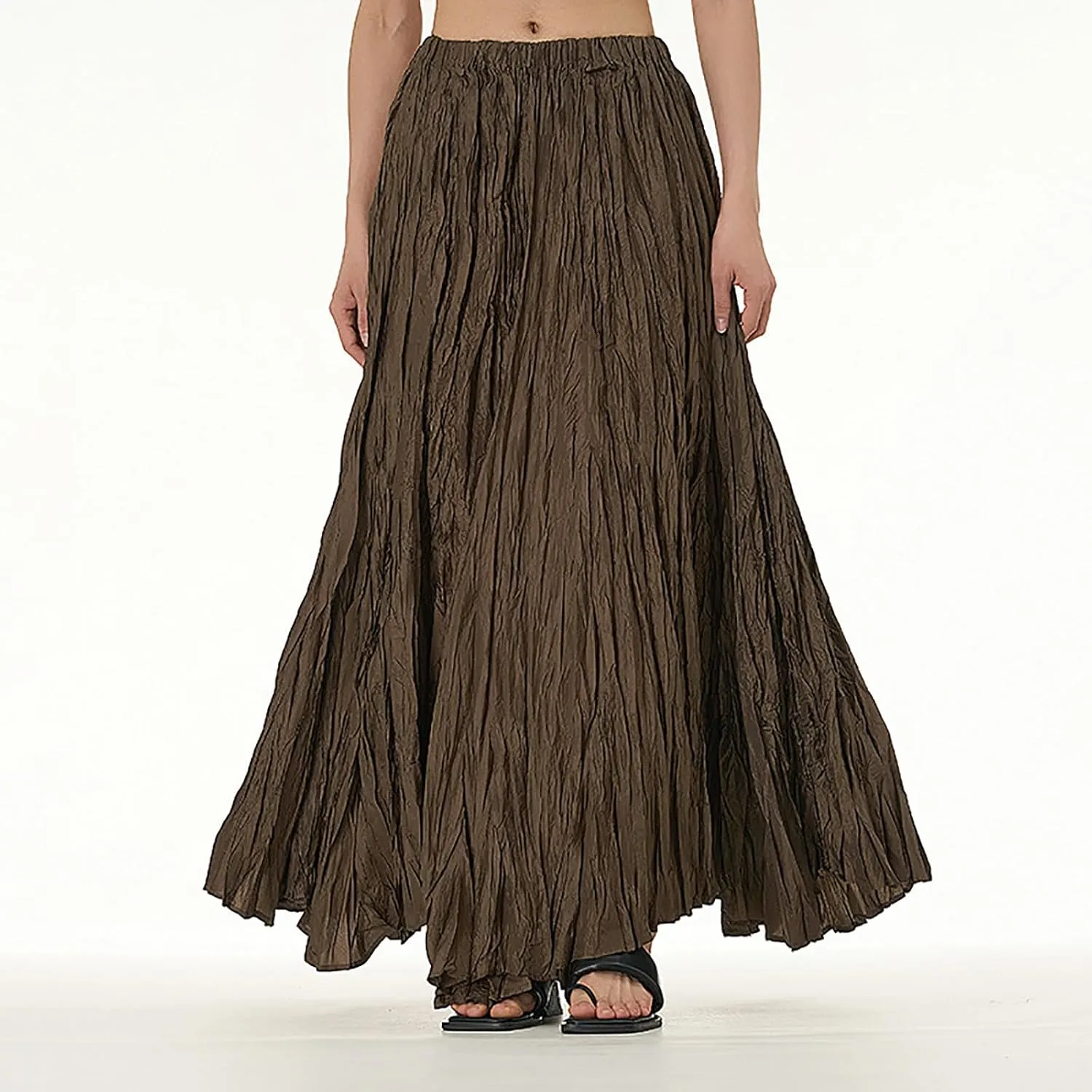 Skirts for Women Trendy Summer Pleated Wrinkle Boho Elastic High Waist Flowy Swing Maxi Long Skirt Holiday Outfit