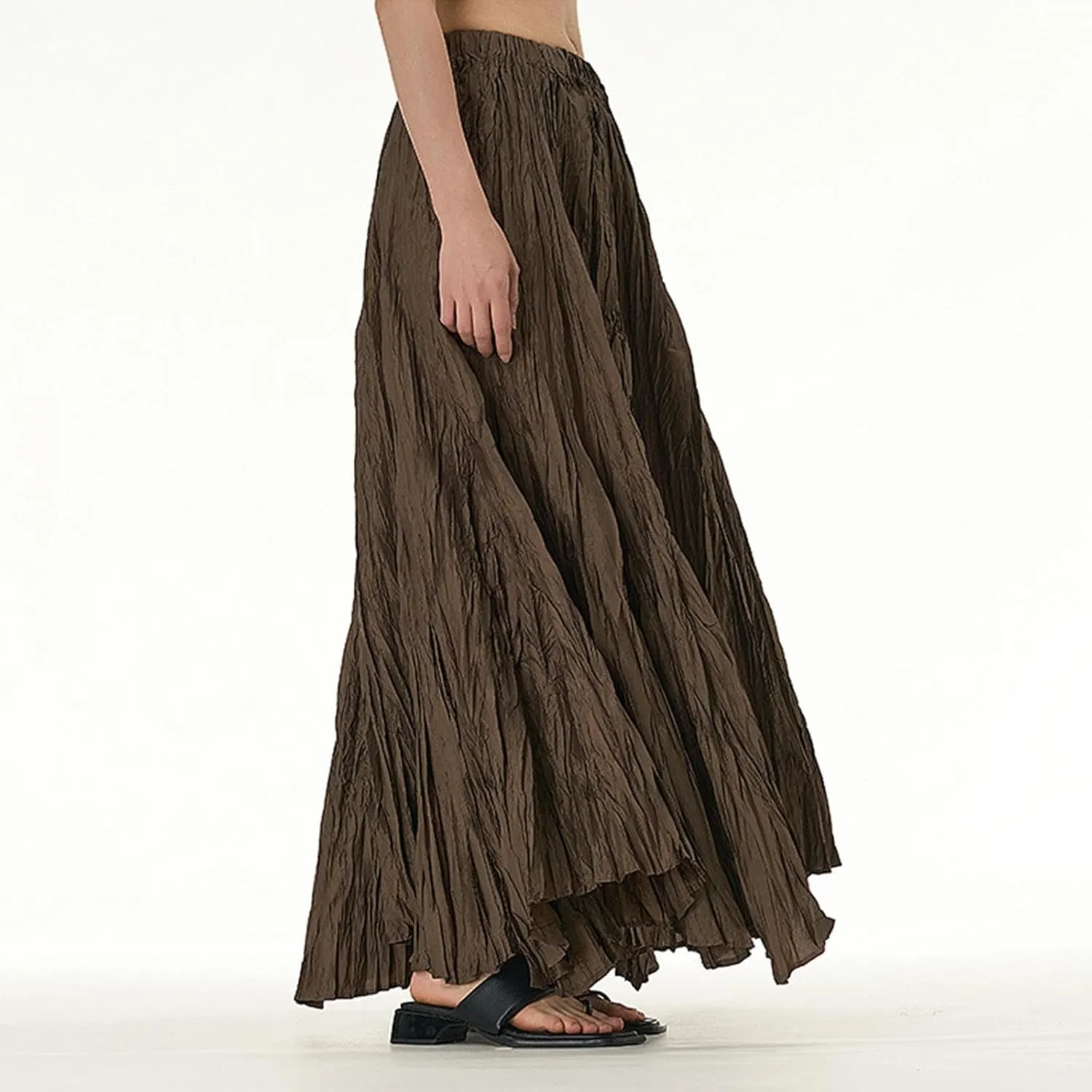 Skirts for Women Trendy Summer Pleated Wrinkle Boho Elastic High Waist Flowy Swing Maxi Long Skirt Holiday Outfit