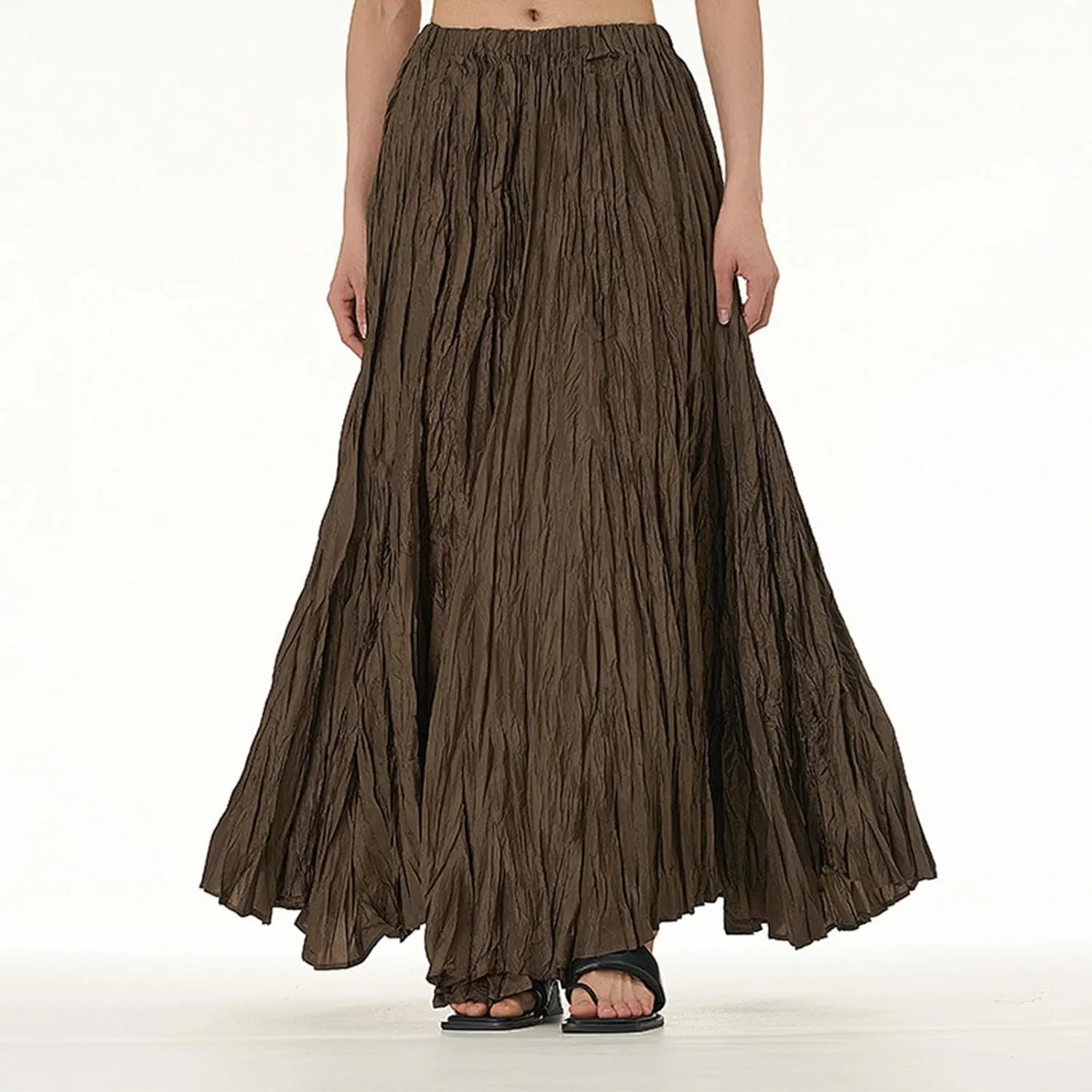Skirts for Women Trendy Summer Pleated Wrinkle Boho Elastic High Waist Flowy Swing Maxi Long Skirt Holiday Outfit