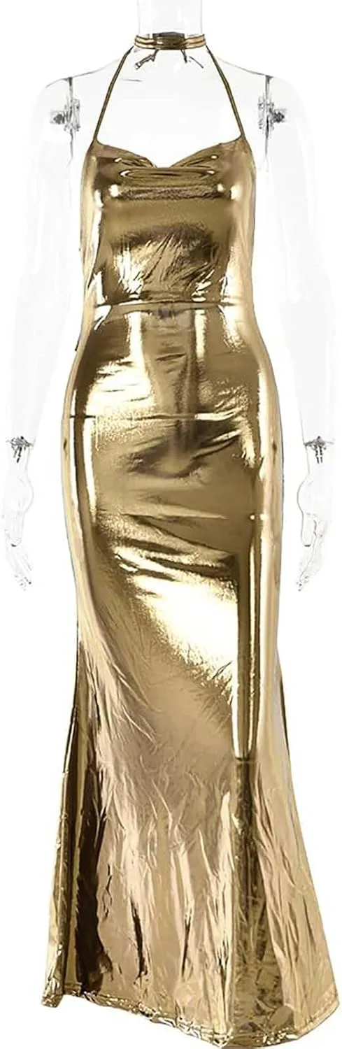 Sleeveless Backless Maxi Dress Women's Shiny Spaghetti Strap Bodycon Maxi Dresses Sexy Glitter Metallic Dress