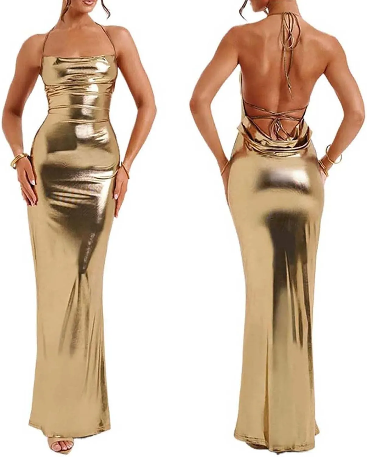 Sleeveless Backless Maxi Dress Women's Shiny Spaghetti Strap Bodycon Maxi Dresses Sexy Glitter Metallic Dress